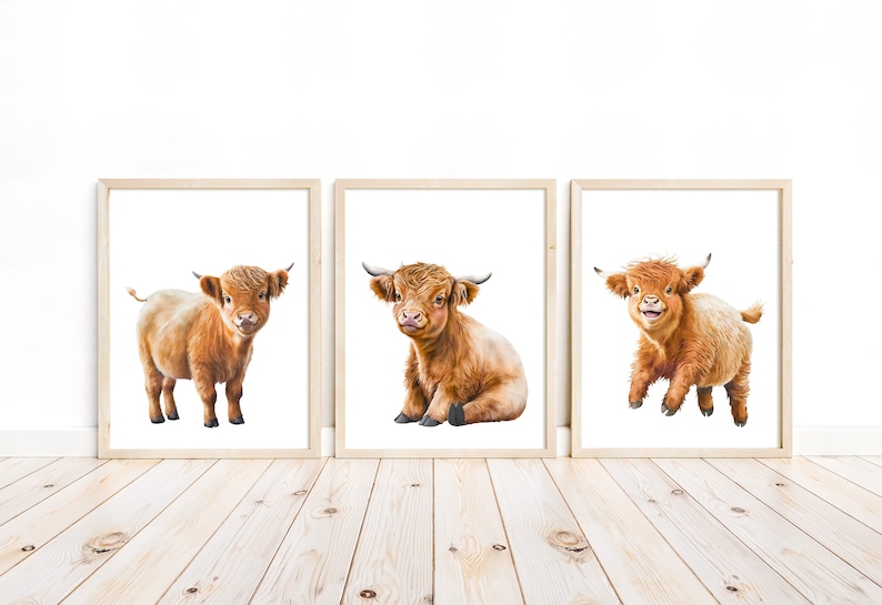 May include: Three framed prints of watercolor paintings of Highland cattle. Each print features a different pose of a brown and white Highland cow with fluffy fur.