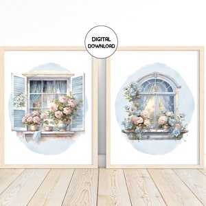 Blue Rose Watercolor Floral Window Set of 2 Printable Art Instant Download Home Decor