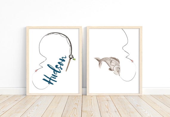 Personalized Watercolor Fishing Nursery Little Boys Room Set of 2 Unframed  Prints, Rustic Outdoor Nautical Themed Decor 
