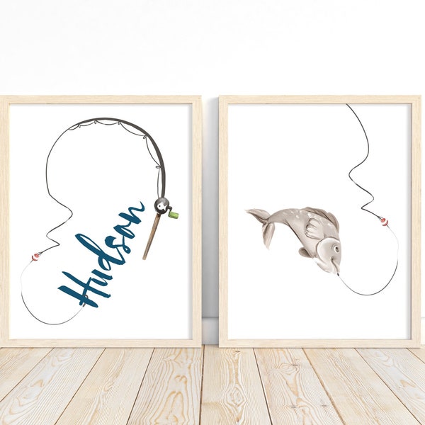 Personalized Watercolor Fishing Nursery Little Boys Room Set of 2 Unframed Prints, Rustic Outdoor Nautical Themed Decor