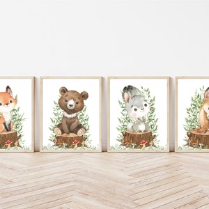 Watercolor Woodland Animals Nursery Prints: Bear, Fox, Deer, Rabbit