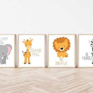 Dream Big Stand Tall Be Brave Safari Animals Nursery Decor Set of 4 Unframed Prints Elephant Giraffe Zebra and Lion