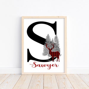 Decoración de guardería personalizada con diseño de ciervo, búfalo y cuadros escoceses, monograma con inicial de letra con nombre de bebé, tema rústico para exteriores, descarga digital