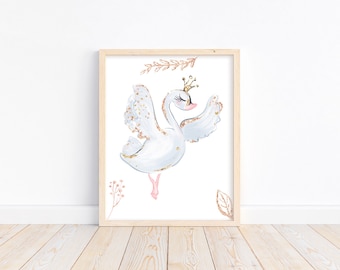 Watercolor Ballerina Swan White and Gold Ballet Nursery Little Girls Room Decor Unframed Print