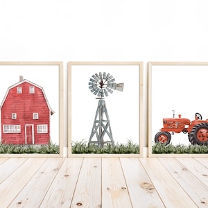 Barnyard Rustic Farm Nursery Decor Set of 3 Unframed Farmhouse Prints Watercolor Barn Red Tractor Windmill