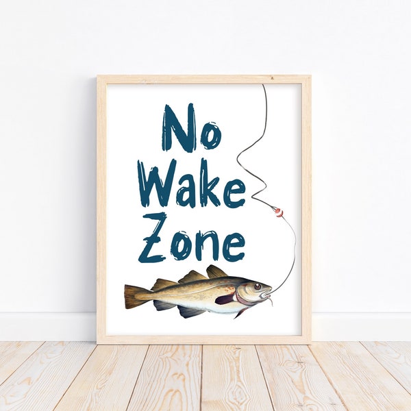 No Wake Zone Watercolor Fishing Pole Nursery Little Boys Room Unframed Print, Rustic Outdoor Nautical Themed Decor