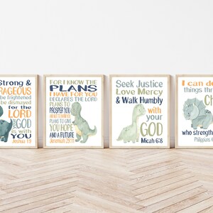 Watercolor Dinosaurs with Bible Verses Prehistoric Christian Nursery Decor Set of 4 Unframed Prints