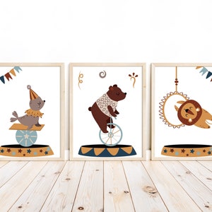 Seal Bear and Lion Circus Animals Themed Nursery Decor Set of 3 Unframed Prints