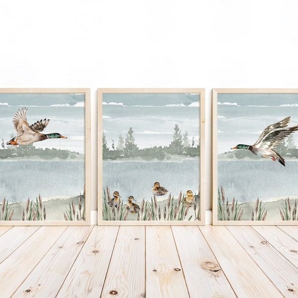Watercolor Duck Hunting Nursery Mallard Duck Little Boys Room Rustic Outdoor Hunter Themed Decor Set of 3 Unframed Prints