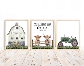 Farm Highland Cow Tractor Christian Nursery Decor Set of 3 Unframed Prints Bible Verse