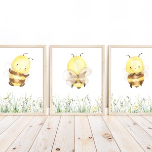 Bees and Wildflowers Nursery Decor Set of 3 Unframed Prints