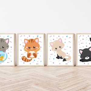 Kittens Cat Nursery Decor Set of 4 Unframed Prints Cute Animal Pink Purple Teal Little Girls Room