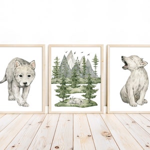 Watercolor Wolf Cub Nursery Decor: Woodland Animals Art Prints (Set of 3)