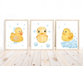 Rubber Duckie Watercolor Set of 3 Unframed Prints Nursery Bathroom Art