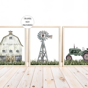 Barnyard Rustic Farm Nursery Decor Set of 3 Unframed Farmhouse Prints Watercolor Barn Green Tractor Windmill