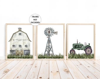 Farmhouse Nursery Prints: Rustic Barn, Tractor, Windmill Watercolor Set