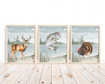 Watercolor Deer Turkey Bass Hunting Themed Nursery Set of 3 Unframed Prints