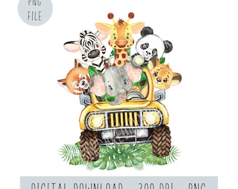Safari Animals in Jungle Car Watercolor Clipart: Sublimation PNG (Digital File)