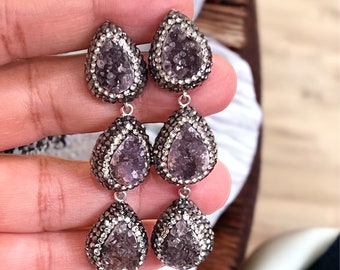 Raw Amethyst Purple Druzy Earrings | Gemstone Earrings | Natural Stone earrings | Swarovski Crystals | Long Purple Earrings