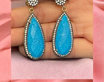 Blue Turquoise Earrings, Long Blue Earrings, Handmade Earrings, Blue Dangle Earrings, Light Blue long Earrings, white topaz earrings