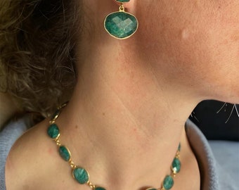 Raw Green Emerald Necklace & Earrings set| Green Necklace | Gemstone Green Necklace | Gold Filled | Gold over Sterling Silver