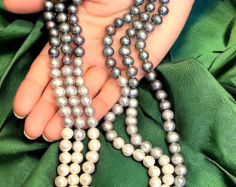 Freshwater Three Strand Pearl Necklace hand knotted handmade white silver | Gray White Pearls