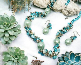 Turquoise Blue Green Necklace earrings set in Freshwater Pearls and crystals