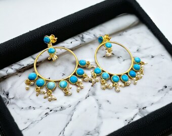 Blue Turquoise Silver Hoop Earrings, Sterling Silver Sky Blue Artisan Crafted freshwater pearl Dangle Earrings-Handmade gemstone gold plated