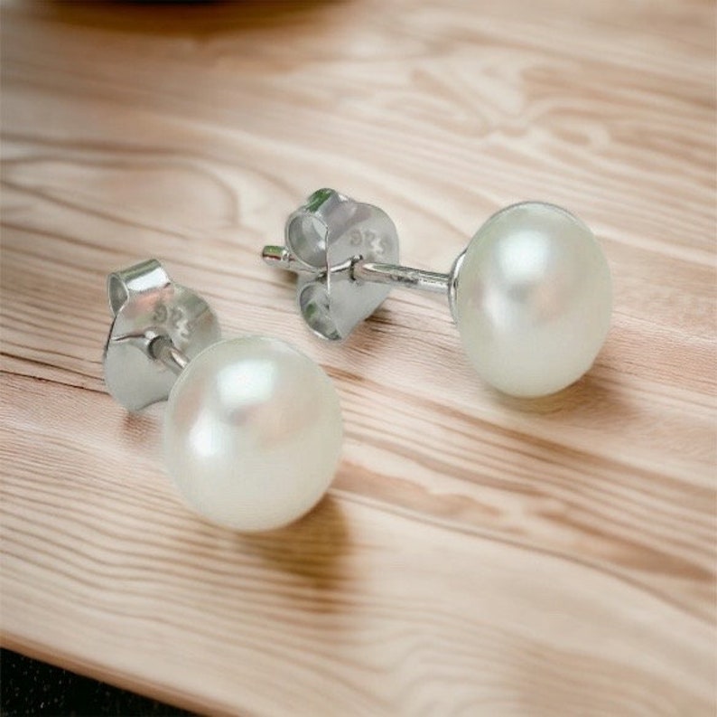 Natural Cultured Freshwater White Pearl Stud Earrings in sterling silver, 7-8mm image 2