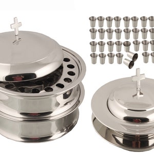 First Communion 2 Holy Wine Serving Trays With Lid & 2 Stacking Bread Plates With Lid 80 Cups Mirror/Matt Finish Stainless Steel Silver Mirror