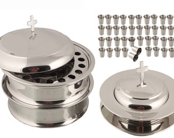 First Communion 2 Holy Wine Serving Trays With Lid & 2 Stacking Bread Plates With Lid + 80 Cups - Mirror/Matt Finish Stainless Steel