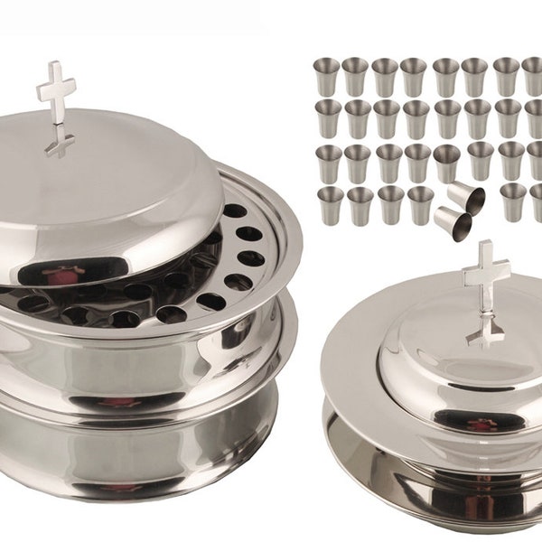 First Communion 2 Holy Wine Serving Trays With Lid & 2 Stacking Bread Plates With Lid + 80 Cups - Mirror/Matt Finish Stainless Steel