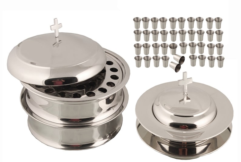 First Communion 2 Holy Wine Serving Trays With Lid & 2 Stacking Bread Plates With Lid 80 Cups Mirror/Matt Finish Stainless Steel Silver Mirror