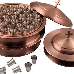 First Communion 2 Holy Wine Serving Trays With Lid & 2 Stacking Bread Plates With Lid 80 Cups Mirror/Matt Finish Stainless Steel Copper