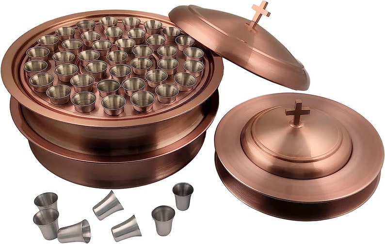 First Communion 2 Holy Wine Serving Trays With Lid & 2 Stacking Bread Plates With Lid 80 Cups Mirror/Matt Finish Stainless Steel Copper