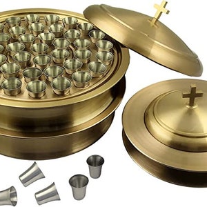 First Communion 2 Holy Wine Serving Trays With Lid & 2 Stacking Bread Plates With Lid 80 Cups Mirror/Matt Finish Stainless Steel Matte Brass