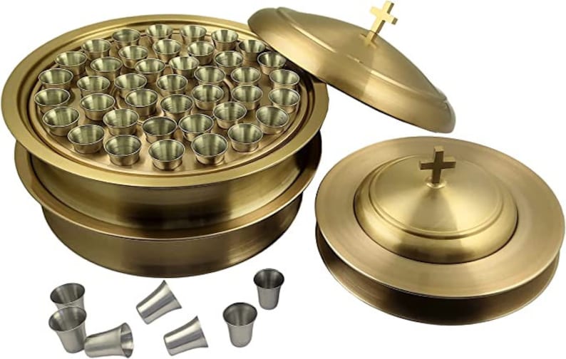 First Communion 2 Holy Wine Serving Trays With Lid & 2 Stacking Bread Plates With Lid 80 Cups Mirror/Matt Finish Stainless Steel Matte Brass