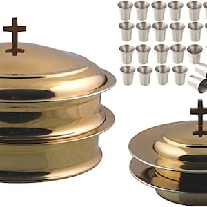 First Communion 2 Holy Wine Serving Trays With Lid & 2 Stacking Bread Plates With Lid 80 Cups Mirror/Matt Finish Stainless Steel Mirror Brass