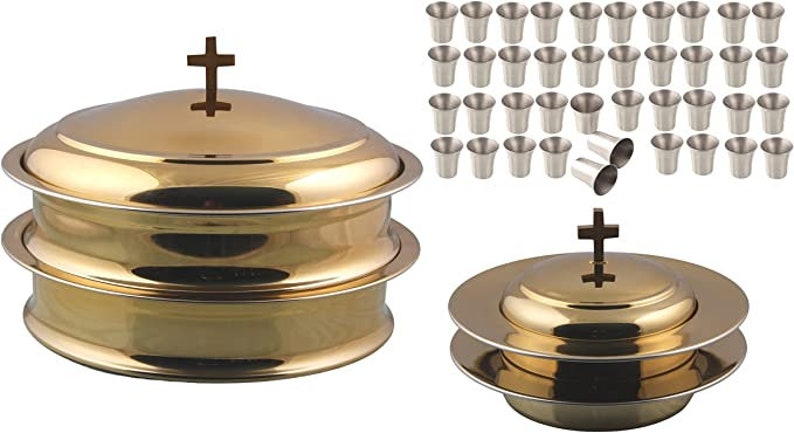 First Communion 2 Holy Wine Serving Trays With Lid & 2 Stacking Bread Plates With Lid 80 Cups Mirror/Matt Finish Stainless Steel Mirror Brass