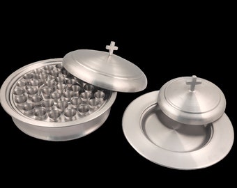 Communion Holy Wine Serving Tray & Stacking Bread Plate Mirror and Matt Finish with Lid + 40 Cups - Stainless Steel Church Gift Items