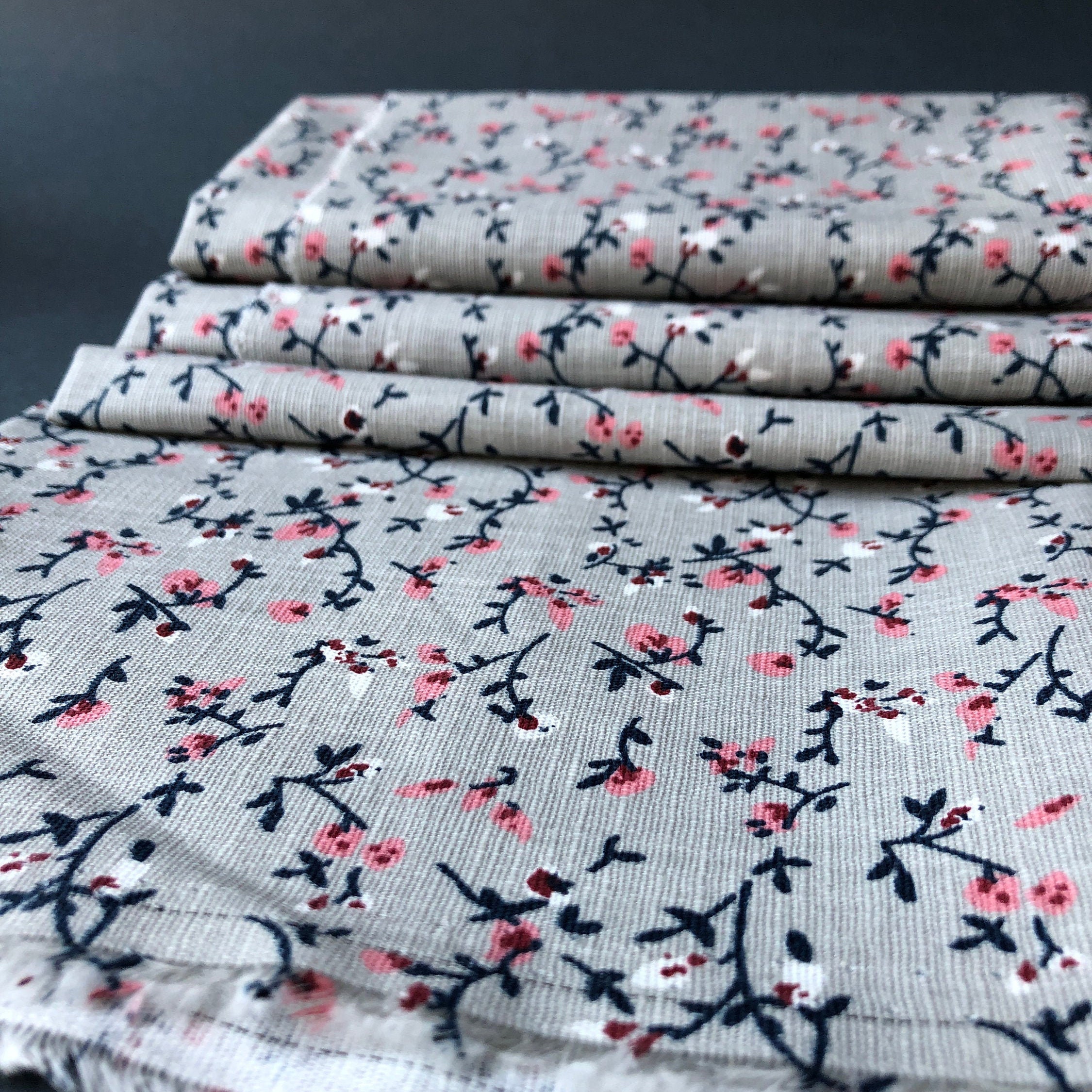 Gray floral Linen Fabric Linen and cotton blend fabric Etsy