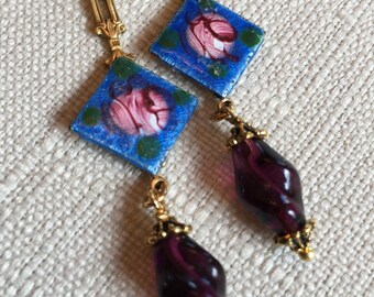 Vintage Guilloche Enamel and Purple Glass Pendant