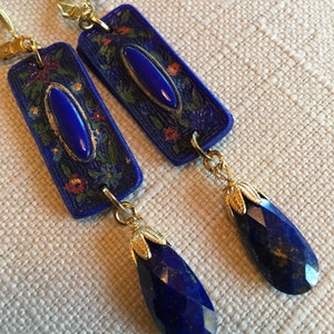 Antique Vintage Glass 1930s and Lapis Lazuli Tear Drop Earrings