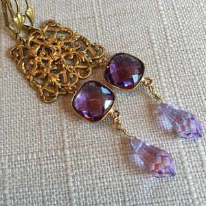 Faceted Amethyst and Brass Byzantine Filigree Earrings