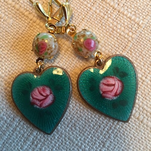 Vintage  Blue Guilloche Enamel Heart Earrings