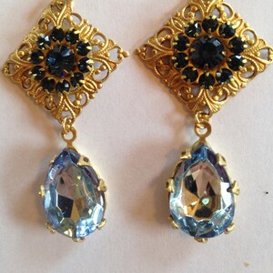 Blue Swarovski Crystal in Filigree Finding and Vintage Light Sapphire Tear Drop Crystal Earrings
