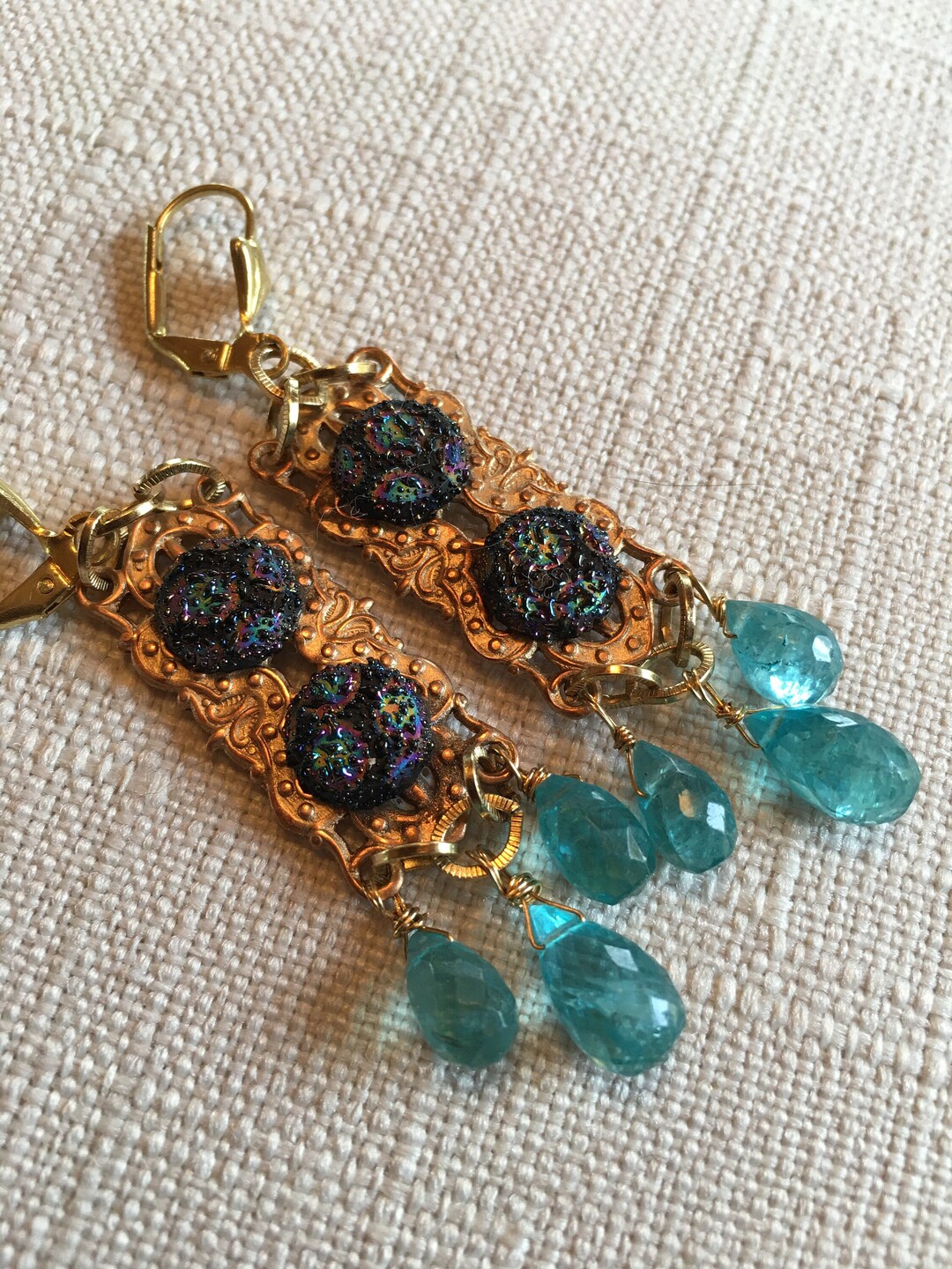 Vintage Peacock Eye Glass and Neon Apatite Earrings Etsy