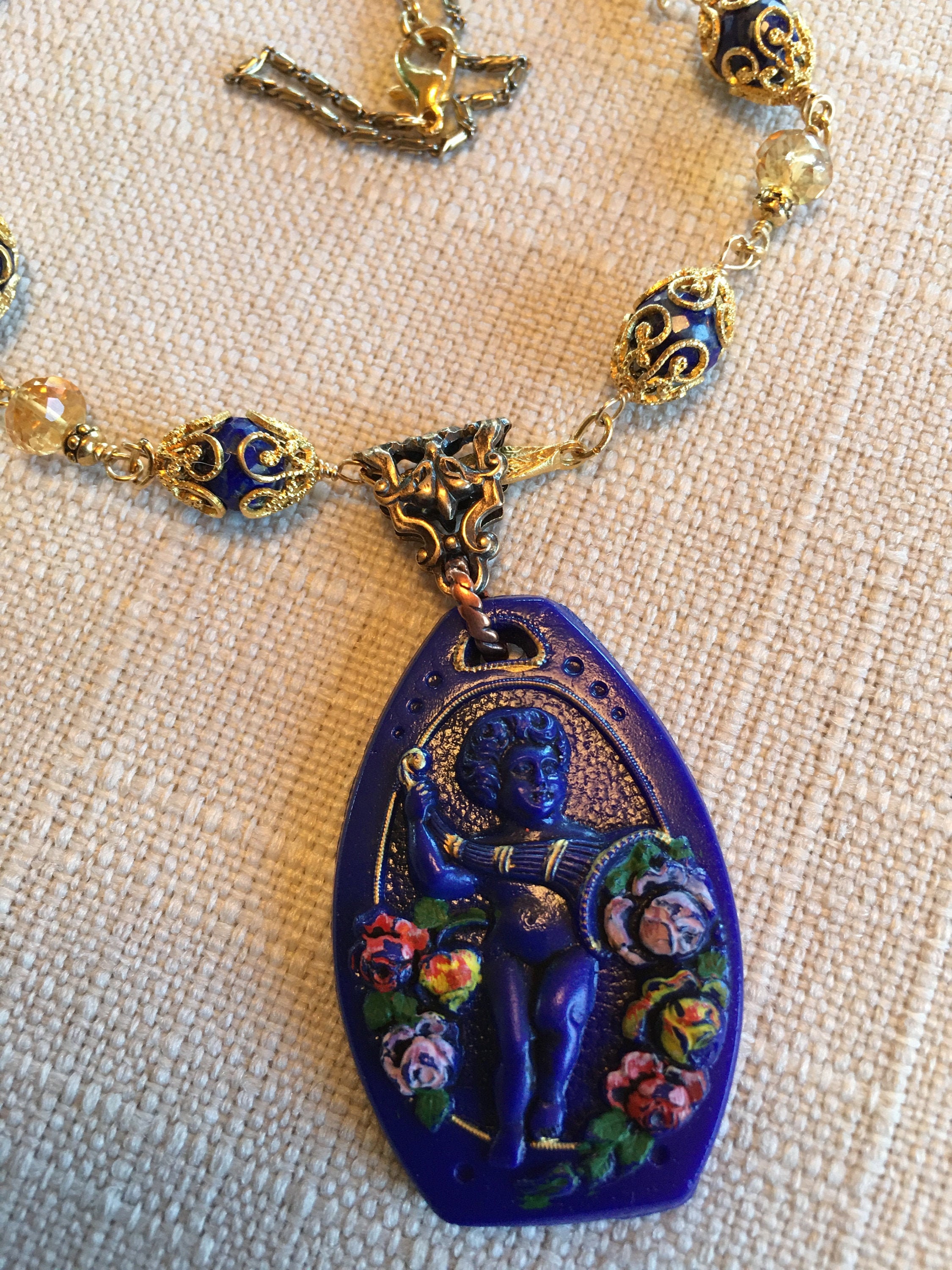 Collier Vintage En Pierres De Lapis-Lazuli Et Boules De Verre Bleu - Créateur, Occasion