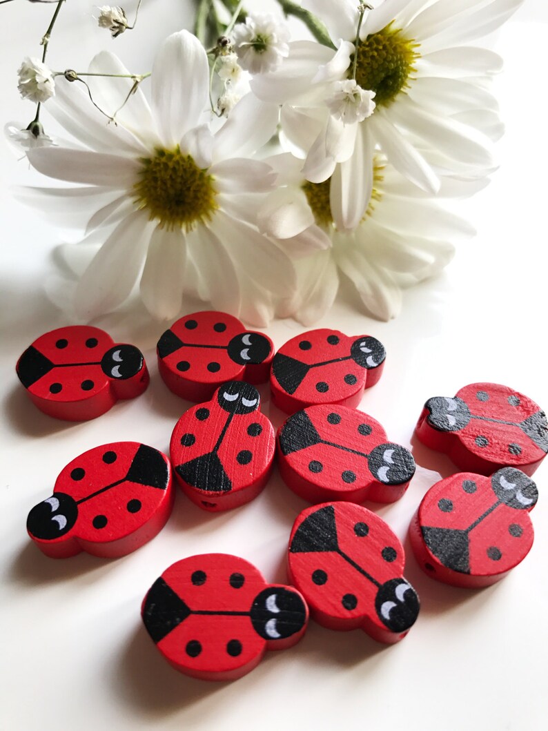 Ladybird Beads Ladybug Necklace Beads Kids Beads Wood Beads For Making Jewelry Animal Beads Set of 10 Wooden Ladybird Beads