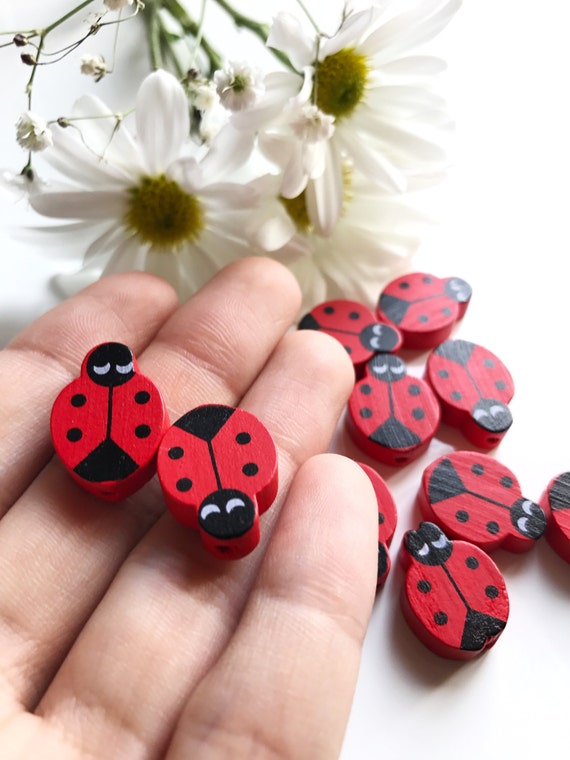 Ladybird Beads Ladybug Necklace Beads Kids Beads Wood Beads For Making Jewelry Animal Beads Set of 10 Wooden Ladybird Beads